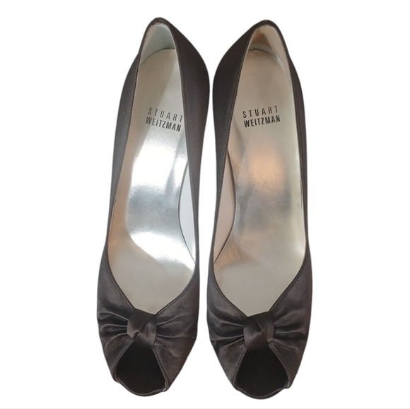 Stuart Weitzman Brown Satin High Heels Peep Toe Pumps Women's Size 8.5 - Picture 2 of 11